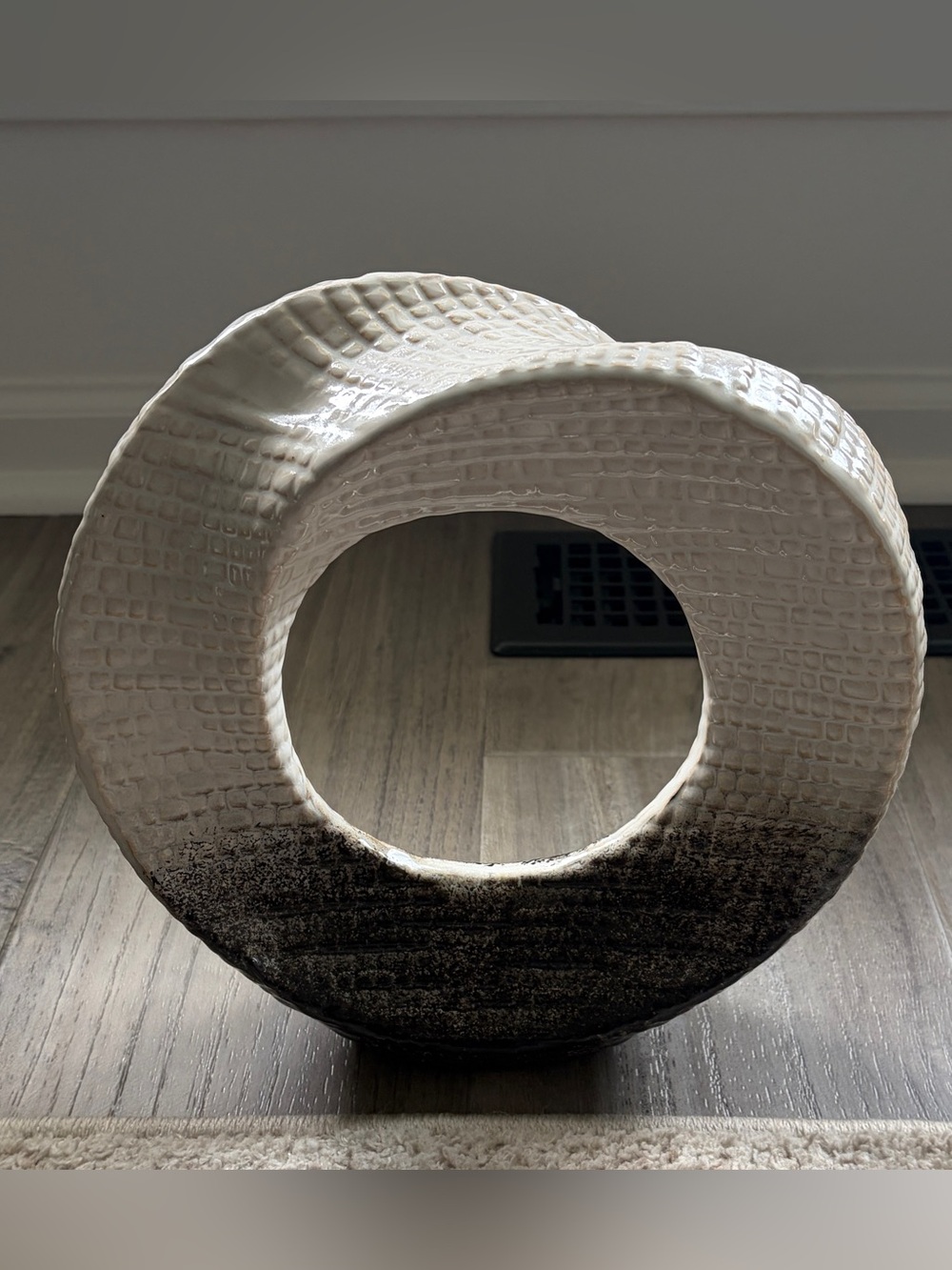 Ceramic Open Circle Sculpture in Cream and Dark Gray  10" H x 10" W x 3" D